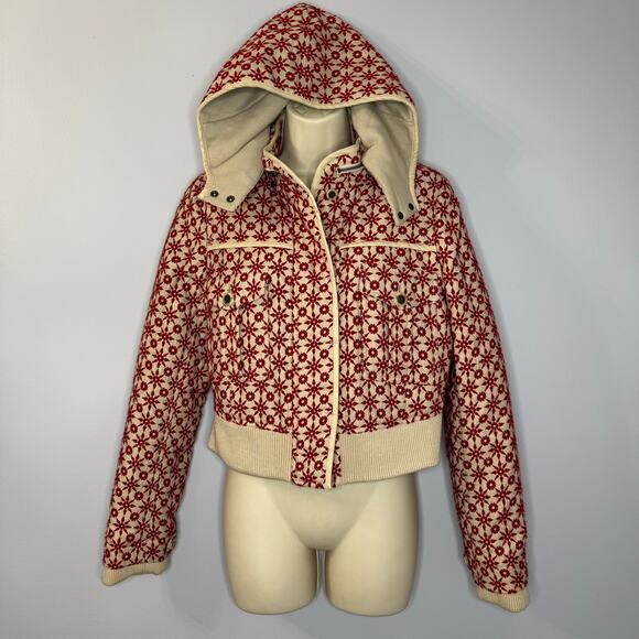 Free People Wool Blend Embroidered Crop Bomber Jacket Hooded Red Boho Women's M - Picture 1 of 16